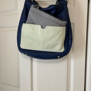 orYANY Navy Shoulder Bag with Cream Front Pocket and Gray Pouch